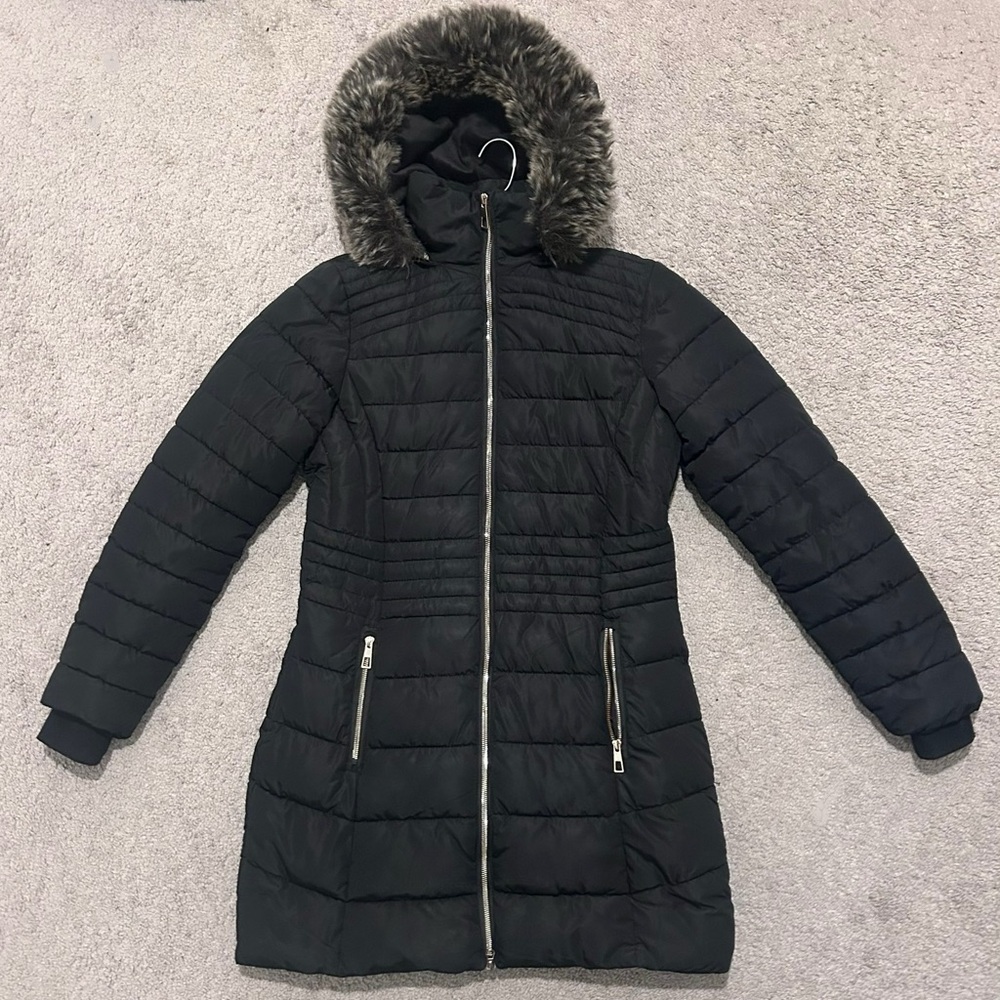 YMI Black Puffer Jacket with Faux Fur Hood